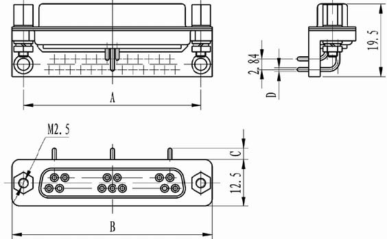 J18 connectors with right angle and whole bracket for PCB Connectors Product Outline Dimensions