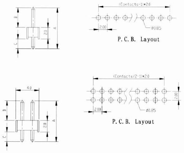 Male headers straight type Connectors Product Outline Dimensions