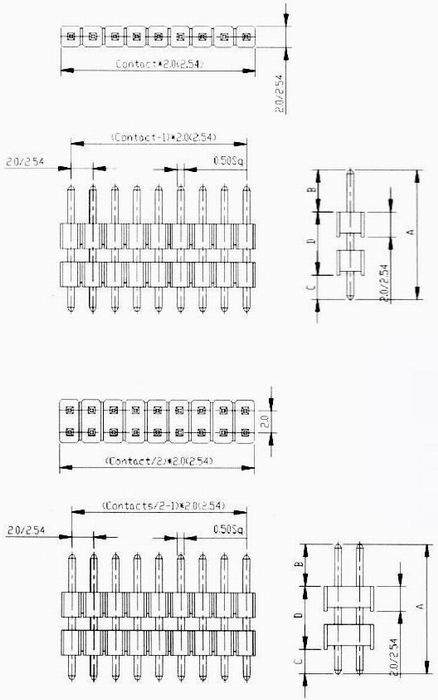 Male headers L/P dip type Connectors Product Outline Dimensions
