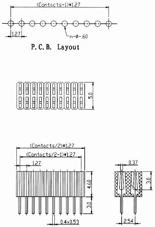 Female header profile 4.6mm dip type Connectors Product Outline Dimensions