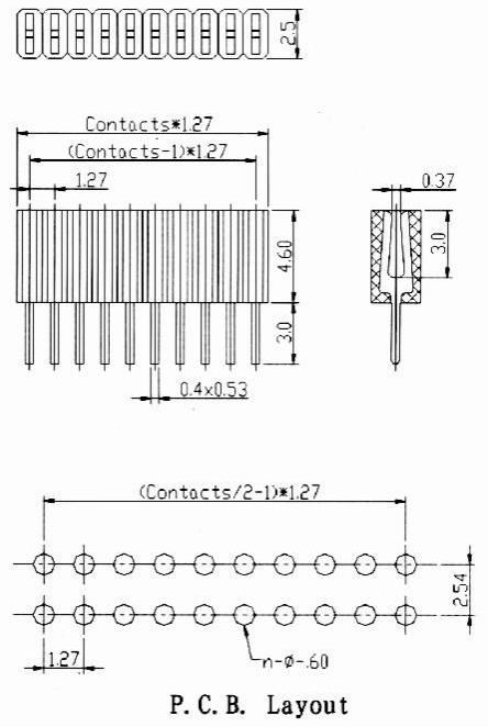 Female header profile 4.6mm dip type Connectors Product Outline Dimensions