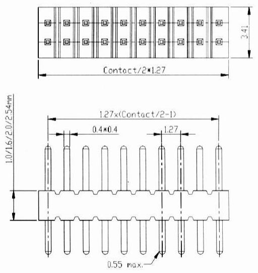 Male headers L/P dip type Connectors Product Outline Dimensions