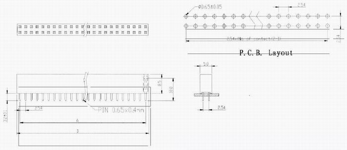 Female header dip type Connectors Product Outline Dimensions