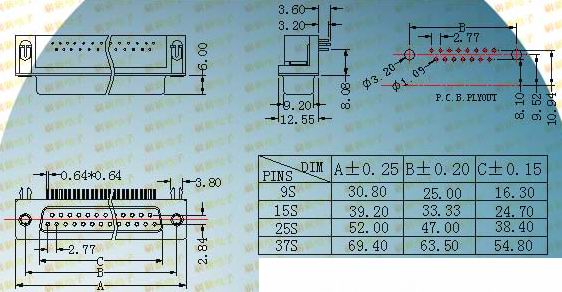 DR female socket 7.2 series products  Connectors Product Outline Dimensions