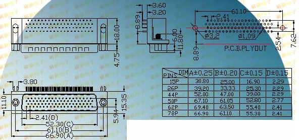 HDR-P8.89 series 78 PIN  Connectors Product Outline Dimensions