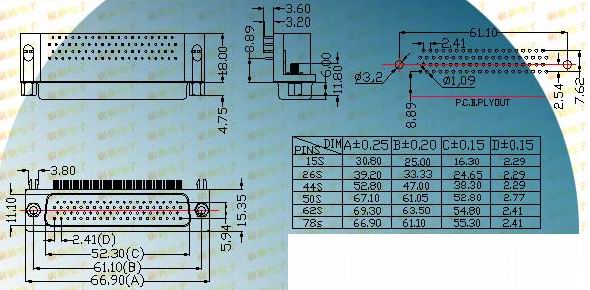 HDRS8.89 series 78 PIN  Connectors Product Outline Dimensions