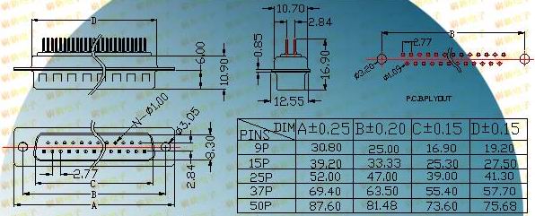 DP board inserting typed male plug  Connectors Product Outline Dimensions