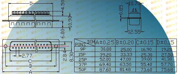 DB simple male plug  Connectors Product Outline Dimensions
