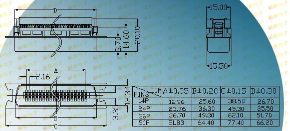 57 flat-cable iron shell typed male plug  Connectors Product Outline Dimensions