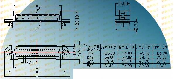 57 flat-cable iron shell typed female socket  Connectors Product Outline Dimensions