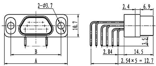 J29A type WI of type –A right angle contact for PCB Connectors Outline Dimensions of Receptacle