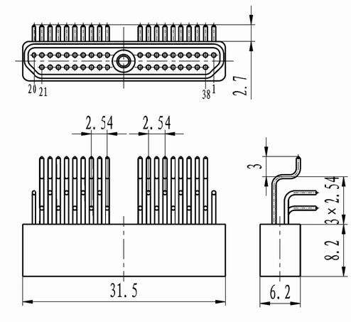 J30 variation of in-line contact for PCB Connectors Product Outline Dimensions