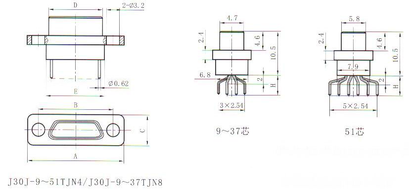 J30J in-line contact for PCB TJN4&TJN8 Connectors Outline Dimensions of Plug