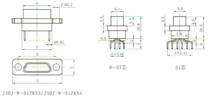 J30J in-line contact for PCB ZKN3&ZKN4  Connectors Outline Dimensions of Receptacle