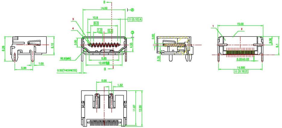 HDMI 19pin female SMT series Connectors Product Outline Dimensions