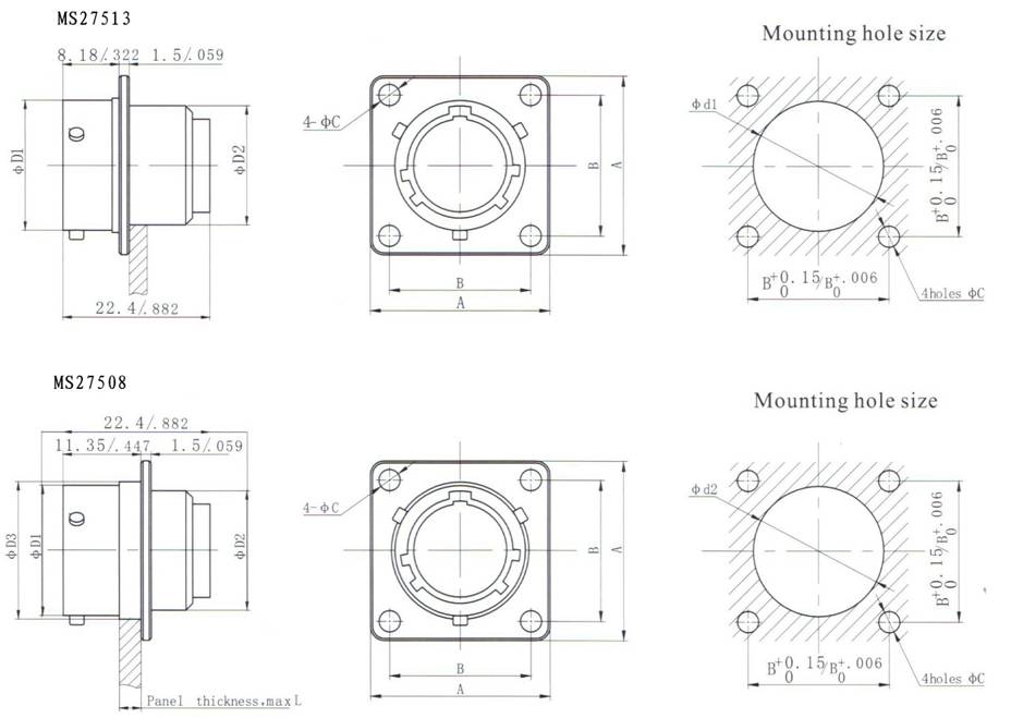 MIL-DTL-38999 SERIES II CIRCULAR ELECTRICAL CONNECTOR series Connectors Product Outline Dimensions