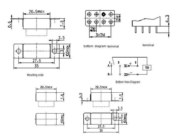 1JSX0.5-X Time-lapse and hermetical relay series Relays Product Outline Dimensions