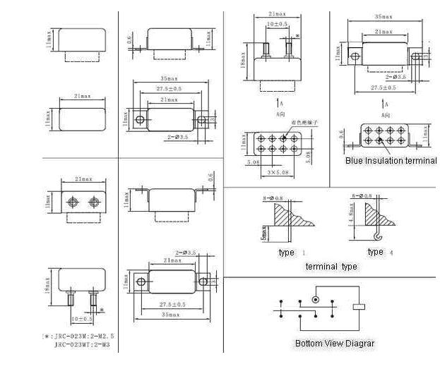 JRC-O23M/JRC-O23MT /JZC-1M JQX-142MA Subminiature and Hermetical Power Relay  series Relays Product Outline Dimensions