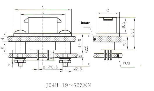 J24H in-line contact for PCB receptacle Connectors Product Outline Dimensions