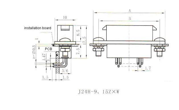 J24H right angle contact for PCB receptacle Connectors Product Outline Dimensions