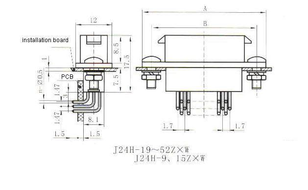 J24H right angle contact for PCB receptacle Connectors Product Outline Dimensions
