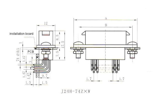 J24H right angle contact for PCB receptacle Connectors Product Outline Dimensions