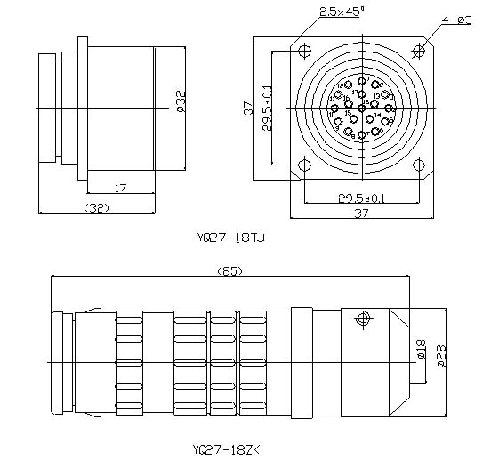 YQ27 series bayonet circular series Connectors Product Outline Dimensions